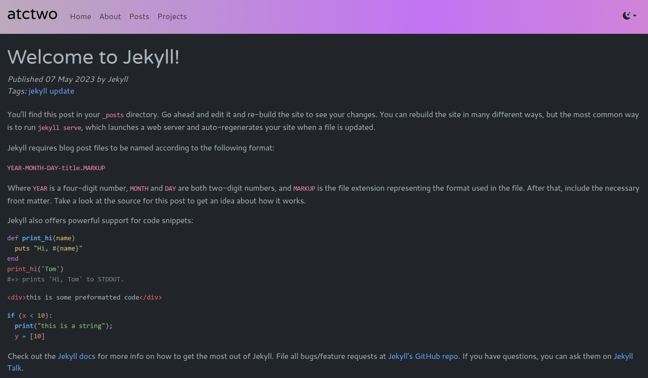 Screenshot of a default Jekyll post being rendered with this Jekyll theme