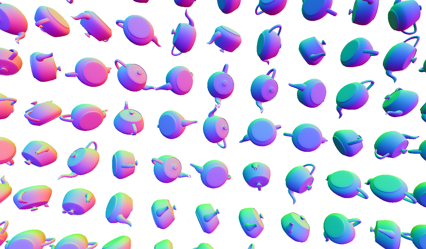 A screenshot of the 'teapot' doodle - a grid of 3D teapots rendered using normal mapping
