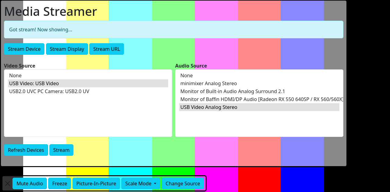 Screenshot of the Media Stream tool showing the source selector UI