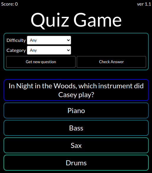 Screenshot of the quiz game