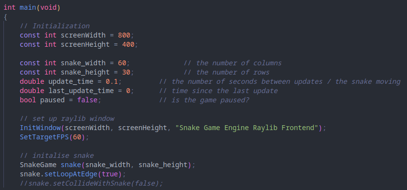 Screenshot of some code showing usage of snake-game